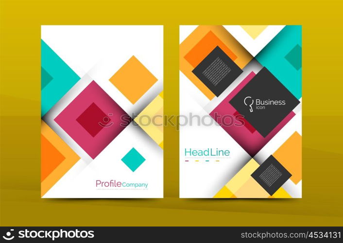 Set of front and back a4 size pages, business annual report design templates. Geometric square shapes backgrounds. Vector illustration