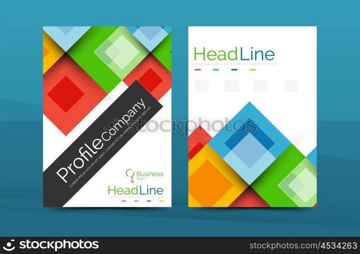 Set of front and back a4 size pages, business annual report design templates. Geometric square shapes backgrounds. Vector illustration