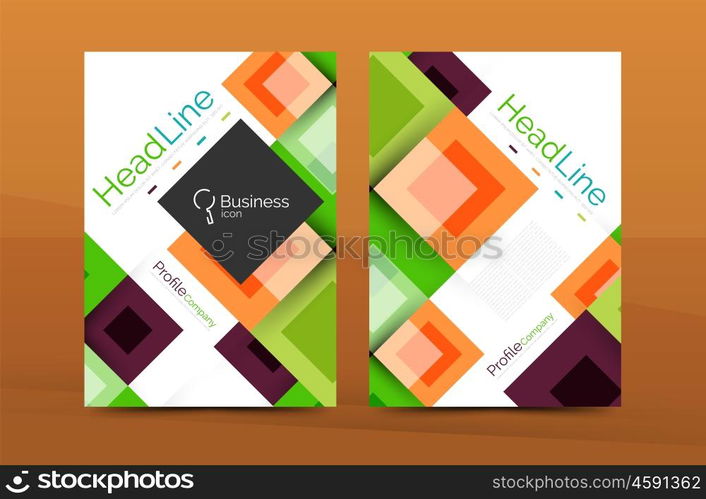 Set of front and back a4 size pages, business annual report design templates. Geometric square shapes backgrounds. Vector illustration