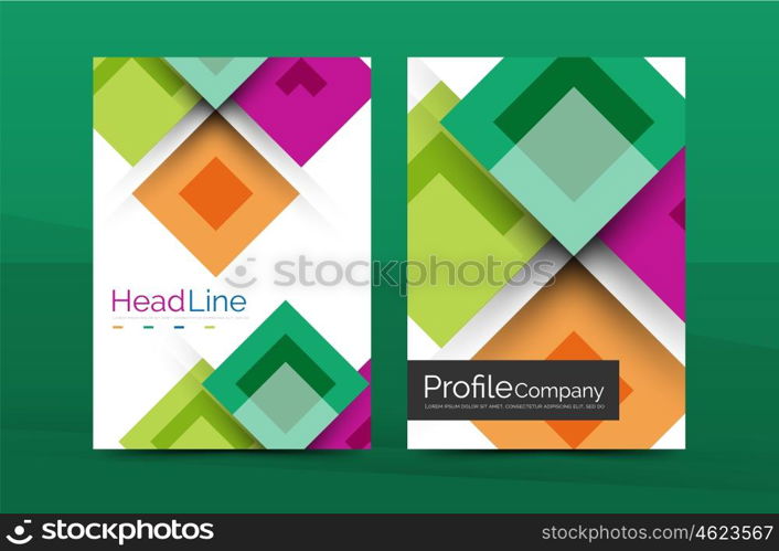 Set of front and back a4 size pages, business annual report design templates. Geometric square shapes backgrounds. Vector illustration