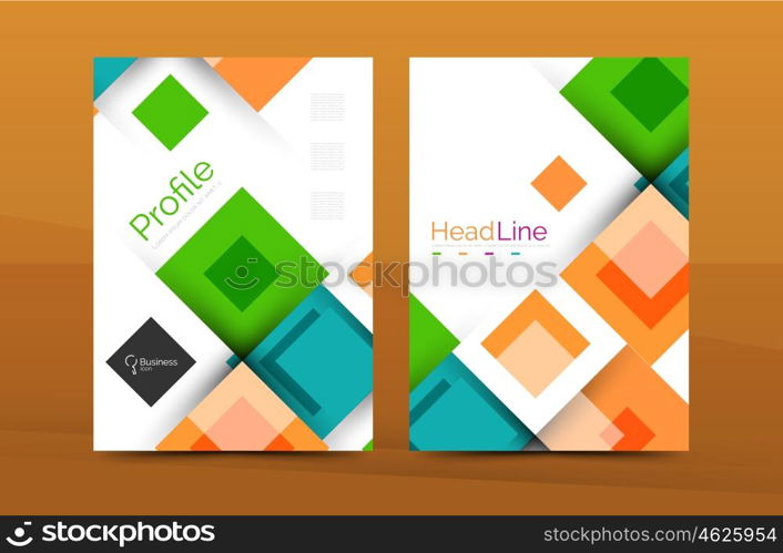 Set of front and back a4 size pages, business annual report design templates. Geometric square shapes backgrounds. Vector illustration