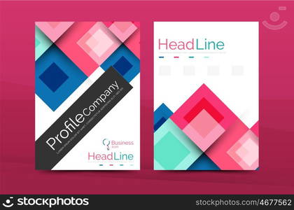 Set of front and back a4 size pages, business annual report design templates. Geometric square shapes backgrounds. Vector illustration