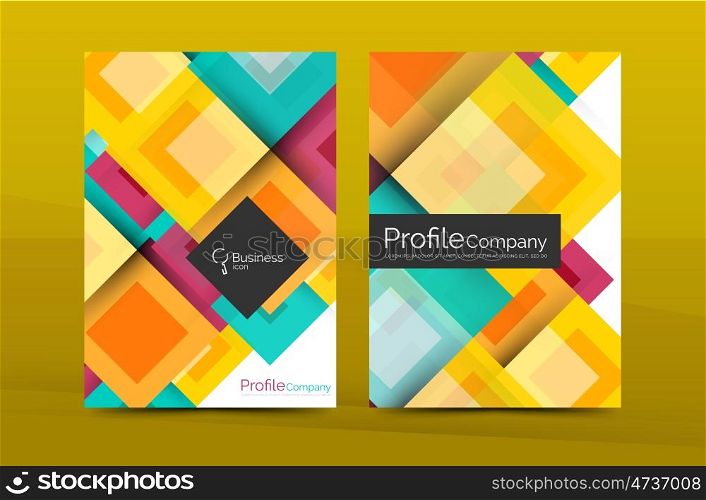 Set of front and back a4 size pages, business annual report design templates. Geometric square shapes backgrounds. Vector illustration