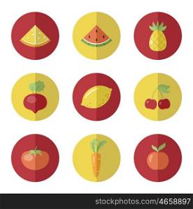 Set of fruit and vegetable icons. Round stickers. Vetor