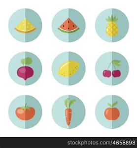 Set of fruit and vegetable icons. Round stickers. Vetor