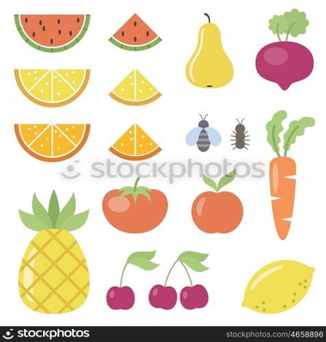 Set of fruit and vegetable icons. Vector