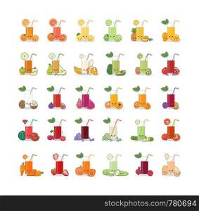 Set of fruit and vegetable juice. Cute kawai smiling cartoon juice with slices in a glass with juice straw.