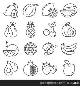 Set of fruit gray line icons. Vector illustration. Set of fruit icons. Vector illustration Orange, Lemon, Apple, Mango and more