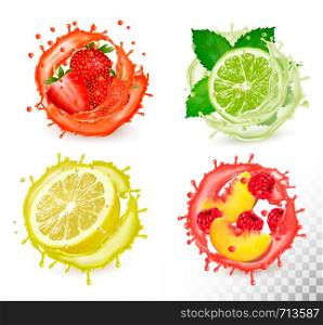 Set of fruit in juice splash. Strawberry, mint, lime, raspberry, peach, grapefruit and raspberry. Vector