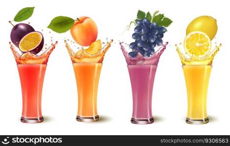 Set of fruit juice splash in a glass. passion fruit, apricot, grape, lemon. Vector