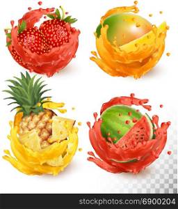 Set of fruit juice splash. Mango, strawberry, watermelon, pineapple, Vector