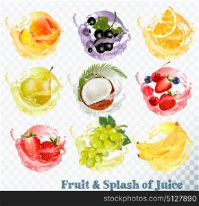 Set of fruit juice splash . Peach, orange, pear, grapes, banana, coconut, blueberry, strawberry, raspberry and blackberry. Vector