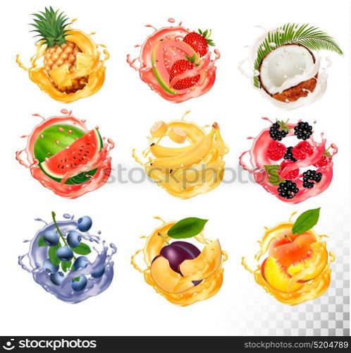 Set of fruit juice splash. Pineapple, strawberry, watermelon, mango, peach, blackberry, raspberry, banana, guava, bueberry, coconut. Vector