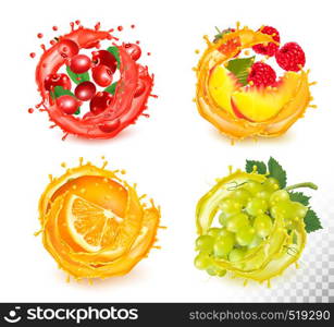 Set of fruit juice splash. Rawberry, orange, grapes, peachy, raspberry, Vector
