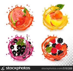 Set of fruit juice splash. Strawberry, blackberry, peach, guava, raspberry, Vector