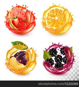 Set of fruit juice splash. Strawberry, guava, orange, plum, blackberry. Vector