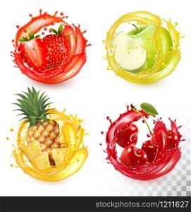 Set of fruit juice splash. Strawberry, pineapple, apple, cherry. Vector