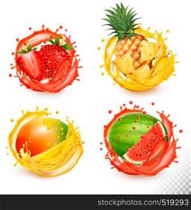 Set of fruit juice splash. Strawberry, pineapple, watermelon, mango. Vector