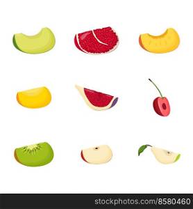 Set of fruit slices. Vegetarian food, healthy eating concept. Avocado, pomegranate, peach, mango, fig, cherry kiwi apple pear Flat vector illustration. Set of fruit slices. Vegetarian food, healthy eating concept. Avocado, pomegranate, peach, mango, fig, cherry, kiwi, apple, pear. Flat vector illustration