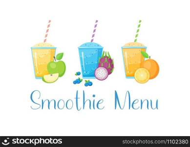 Set of fruit smoothie cocktail vector illustration. Fresh smoothies drink with colorful layers in glass raw fruit smoothie group isolated on white background for fast food menu design or detox banner. Set of fruit smoothie cocktail vector illustration