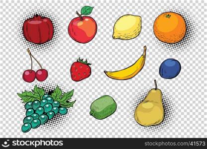 set of fruits and berries. Pop art retro illustration. Simulated transparent background. Fresh herbs, food