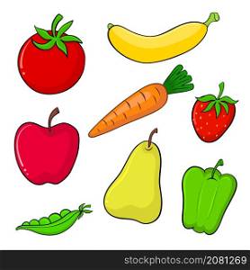Set of fruits and vegetables hand drawn on white for design
