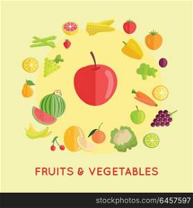 Set of fruits and vegetables vectors. Flat design. Healthy food concept. Vegetarian products. Big collection of edible plants pictures for organic farming, food trade, diet services illustrating.. Set of Fruits Vegetables Vector Illustrations.