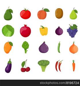 Set of fruits and vegetables. Vegetarian food, healthy eating concept. Avocado, peach, fig, cherry, kiwi, pear, pepper tomatoes Flat vector illustration. Set of fruits and vegetables. Vegetarian food, healthy eating concept. Avocado, peach, fig, cherry, kiwi, pear, pepper, tomatoes. Flat vector illustration
