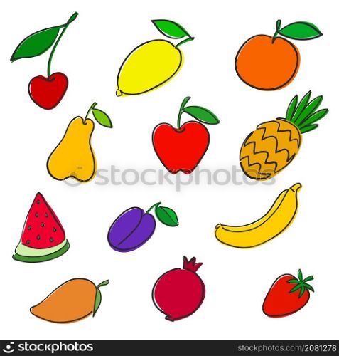 Set of fruits hand drawn one line minimal flat for food design on white