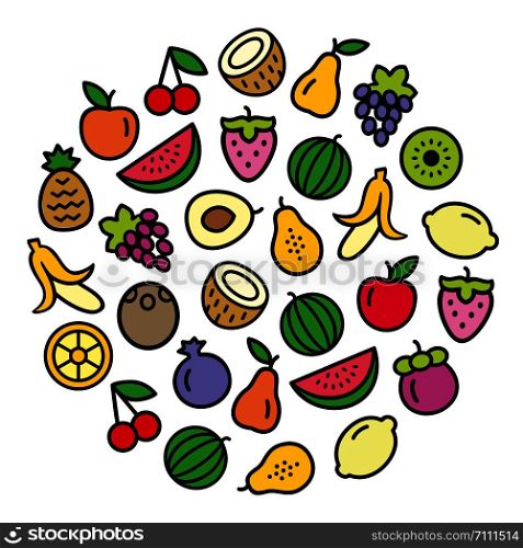 Set of fruits icons color illustration background in a circular shape