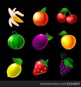 Set of Fruits machine slot icons, lemon, strawberry, grapes, apple, watermelon, plum, banana, peach, cherry . Classic collection symbol for games gambling, mobile app. Vector illustration cartoon style isolated. Set of Fruits machine slot icons, lemon, strawberry, grapes, apple, watermelon, plum, banana, peach, cherry. Classic collection symbol for games gambling, mobile app. Vector illustration cartoon style