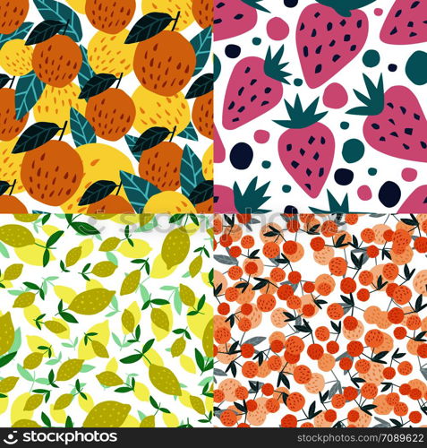 Set of fruits seamless pattern. Cherry berries, apples, lemons, strawberries and leaves hand drawn wallpaper. Funny sweet garden fruits on background. Vector illustration.. Set of fruits seamless pattern. Cherry berries, apples, lemons, strawberries