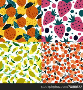 Set of fruits seamless pattern. Cherry berries, apples, lemons, strawberries and leaves hand drawn wallpaper. Funny sweet garden fruits on background. Vector illustration.. Set of fruits seamless pattern. Cherry berries, apples, lemons, strawberries
