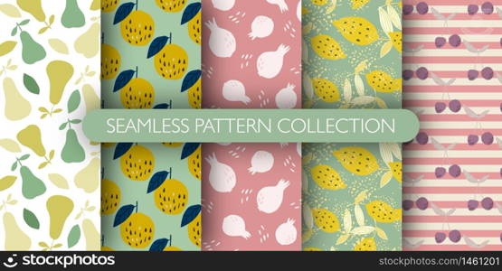 Set of fruits seamless pattern. Cute collection of patterns - lemon with leaves, pomegranate, cherry, pear, apple. Design for fabric, textile print, wrapping, kitchen textile. Vector illustration. Set of fruits seamless pattern. collection of patterns - lemon with leaves, pomegranate, cherry, pear, apple.