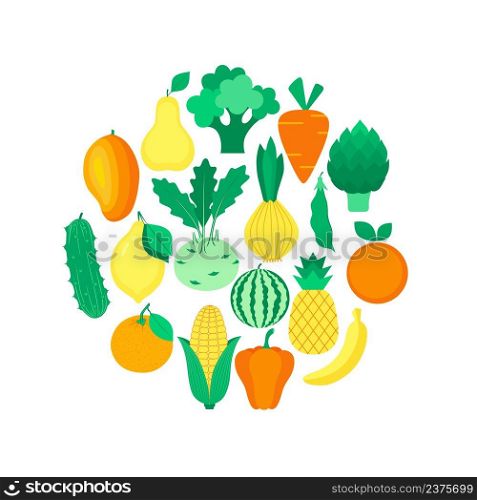 Set of  fruits, ve≥tab≤s in yellow, oran≥, green colors. Hea<hy lifesty≤. Vector illustration in flat sty≤.
