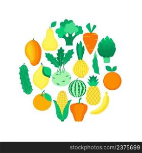 Set of  fruits, ve≥tab≤s in yellow, oran≥, green colors. Hea<hy lifesty≤. Vector illustration in flat sty≤.