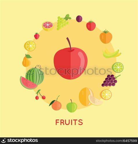 Set of fruits vector. Flat design. Apple, watermelon, cherry, bananas, lemon. plum, grape, strawberry, plum, melon orange illustrations for farm shop diet banners and icons Isolated on yellow. Set of Fruit Vector Illustrations in Flat Design