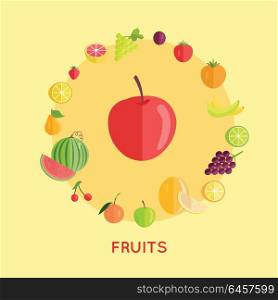 Set of fruits vector. Flat design. Apple, watermelon, cherry, bananas, lemon. plum, grape, strawberry, plum, melon orange illustrations for farm shop diet banners and icons Isolated on yellow. Set of Fruit Vector Illustrations in Flat Design