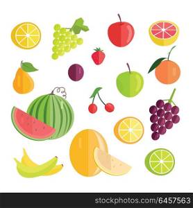 Set of fruits vectors. Flat design. Lemon grape, watermelon cherry, plum, apple, grapefruit melon, banana strawberry pear, orange illustrations for conceptual banners, icons infographics.. Set of Fruits Flat Design Vector Illustration.