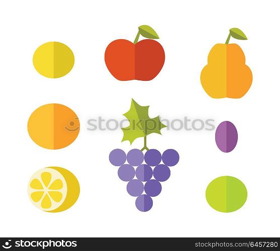 Set of fruits vectors. Flat style design. Lemon, grape, apple, grapefruit, melon, plum, pear, orange illustrations for conceptual banners, icons infographics Isolated on white background . Set of Fruits Flat Design Vector Illustration.