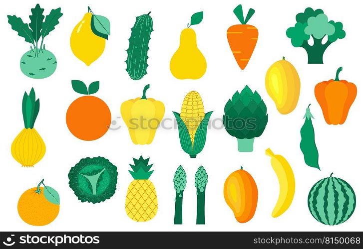 Set of  fruits, vegetables in yellow, orange, green colors. Healthy lifestyle. Vector illustration in flat style.