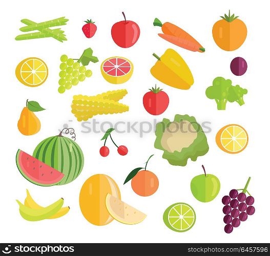 Set of fruits vegetables vector. Flat design. Carrot, pear, apple, cabbage, lemon, grapes corn potatoes banana orange cherry, watermelon grapefruit corn pepper plum, asparagus, strawberries. Set of Fruits Vegetables Vector Illustration.