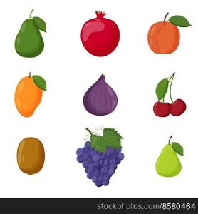 Set of fruits. Vegetarian food, healthy eating concept. Avocado, pomegranate, peach, mango, fig, cherry kiwi grape pear Flat vector illustration. Set of fruits. Vegetarian food, healthy eating concept. Avocado, pomegranate, peach, mango, fig, cherry, kiwi, grape, pear. Flat vector illustration