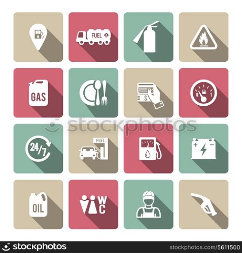 Set of fuel station car auto gasoline service icons in white with long shadow color vector illustration