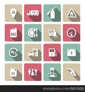 Set of fuel station car auto gasoline service icons in white with long shadow color vector illustration