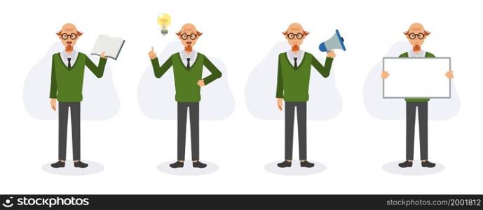 Set of full length male teacher,professor.thinking ,have an idea,teaching,holding a book.with blank sign. Flat vector 2D cartoon character illustration.
