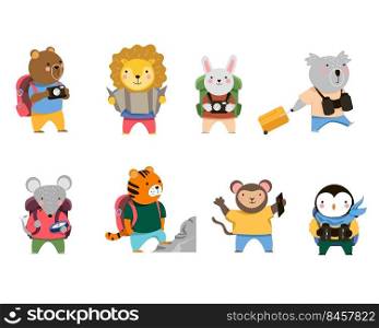 Set of funny animal travelers. Cartoon vector illustration. Lion, bear, hare, mouse, tiger, monkey, penguin with suitcases and tourist equipment. Travel, animal, fairy tale, adventure concept
