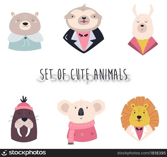 Set of funny animals in different costumes. Vector colorful set. Set of funny animals in different costumes