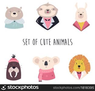 Set of funny animals in different costumes. Vector colorful set. Set of funny animals in different costumes