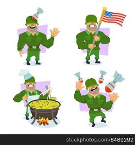 Set of funny cartoon soldier cooking on c&fire holding USA flag, getting shot in head